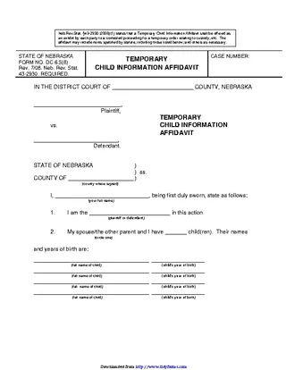 Nebraska Temporary Child Information Affidavit Form
