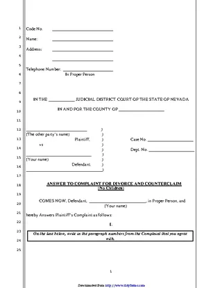 Forms Nevada Answer To Complaint For Divorce And Counterclaim No Children Form