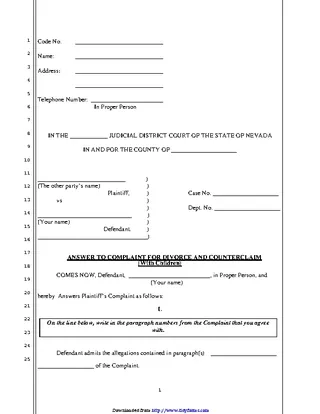 Forms Nevada Answer To Complaint For Divorce And Counterclaim With Children Form
