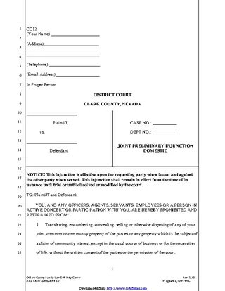 Forms Nevada Joint Preliminary Injunction Optional Form