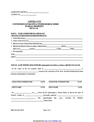 Nevada Manufactured Mobile Home Conversion Affidavit Form