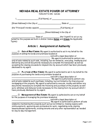 Nevada Real Estate Power Of Attorney Form