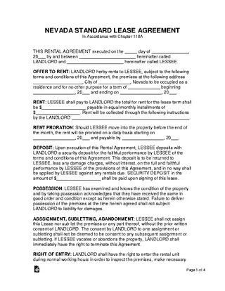 Nevada Standard Residential Lease Agreement Form