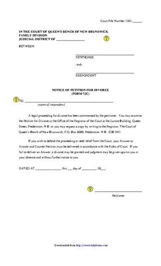 New Brunswick Notice Of Petition For Divorce Form