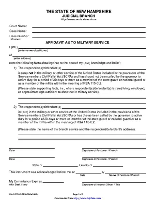 New Hampshire Affidavit As To Military Service Form