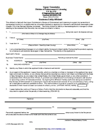 New Hampshire Business Entity Affidavit Form