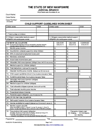 New Hampshire Child Support Guidelines Worksheet Form