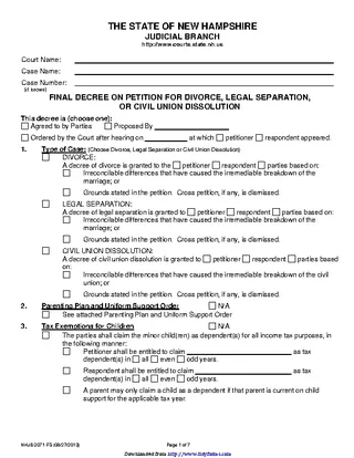 Forms New Hampshire Final Decree On Divorce Or Legal Separation Form