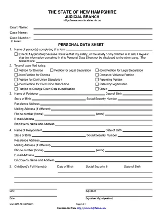 New Hampshire Personal Data Sheet
