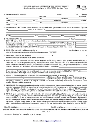 Forms New Hampshire Purchase And Sales Agreement And Deposit Receipt Form
