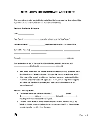 Forms New Hampshire Roommate Rental Agreement Form