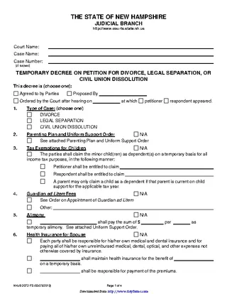 Forms New Hampshire Temporary Decree On Divorce Or Legal Separation Form