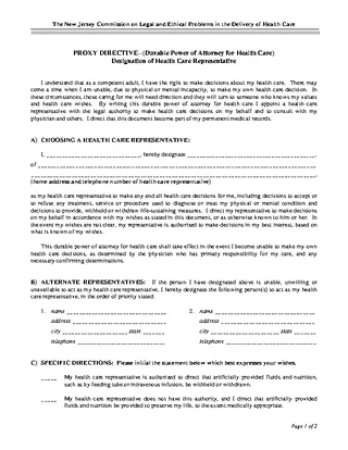 New Jersey Advance Directive For Health Care