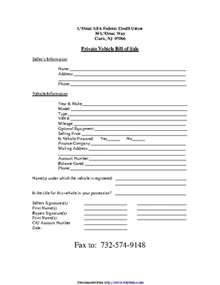 New Jersey Private Vehicle Bill Of Sale Form