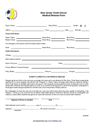 New Jersey Youth Soccer Medical Release Form