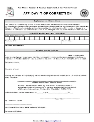 New Mexico Affidavit Of Correction Form