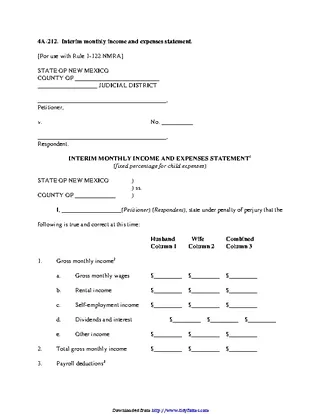 New Mexico Interim Monthly Income And Expenses Statement Form