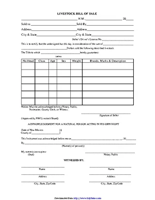 New Mexico Livestock Bill Of Sale Form