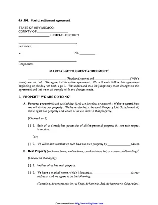 New Mexico Marital Settlement Agreement Form