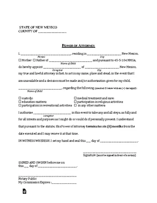 New Mexico Minor Child Power Of Attorney Form