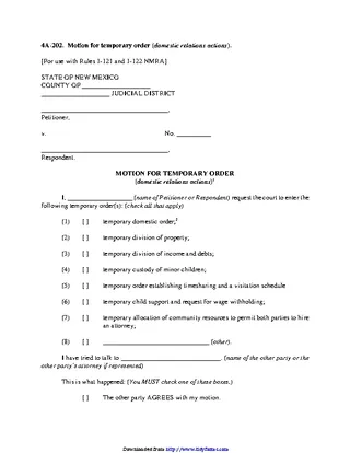 New Mexico Motion For Temporary Order Domestic Relations Actions Form