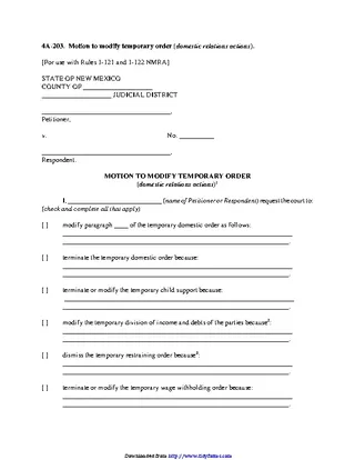 New Mexico Motion To Modify Temporary Order Domestic Relations Actions Form