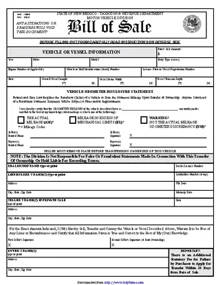 New Mexico Motor Vehicle Bill Of Sale Form