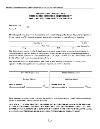 New York Affidavit Of Compliance With Smoke Detector Requirement