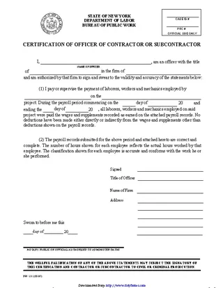 New York Certification Of Officer Of Contractor Or Subcontractor
