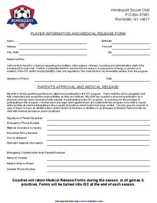 Forms New York Player Information And Medical Release Form