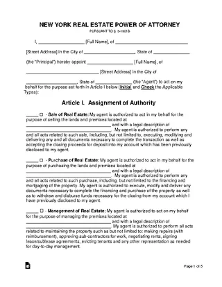 New York Real Estate Power Of Attorney Form