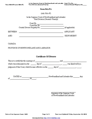 Newfoundland And Labrador Certificate Of Divorce Form