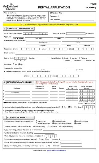 Newfoundland And Labrador Rental Application Form