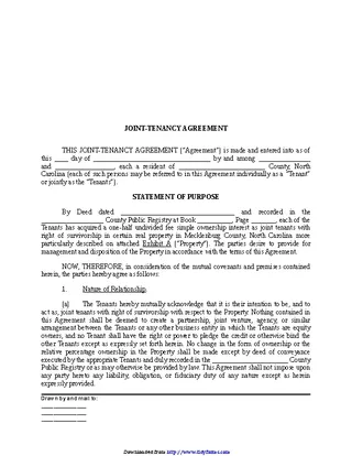 North Carolina Joint Tenant Agreement Form