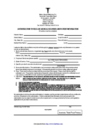 Forms North Carolina Medical Records Release Form 2