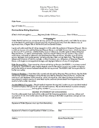 Forms North Carolina Riding Liability Release Form 1