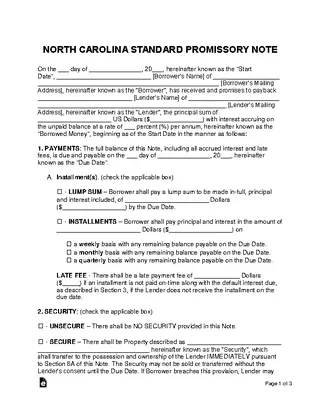 Forms North Carolina Standard Promissory Note Template