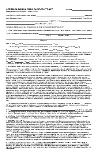 North Carolina Sublease Contract Form