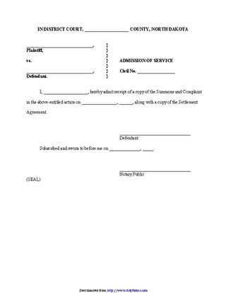 North Dakota Admission Of Service Form