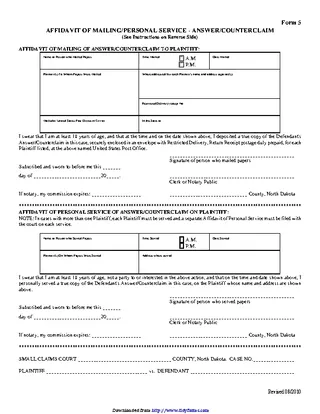 North Dakota Affidavit Of Mailing Personal Service Answer Counterclaim Form