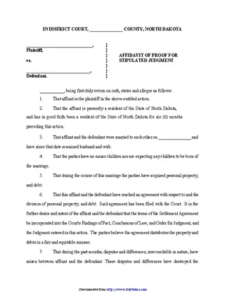 North Dakota Affidavit Of Proof For Stipulated Judgment Form