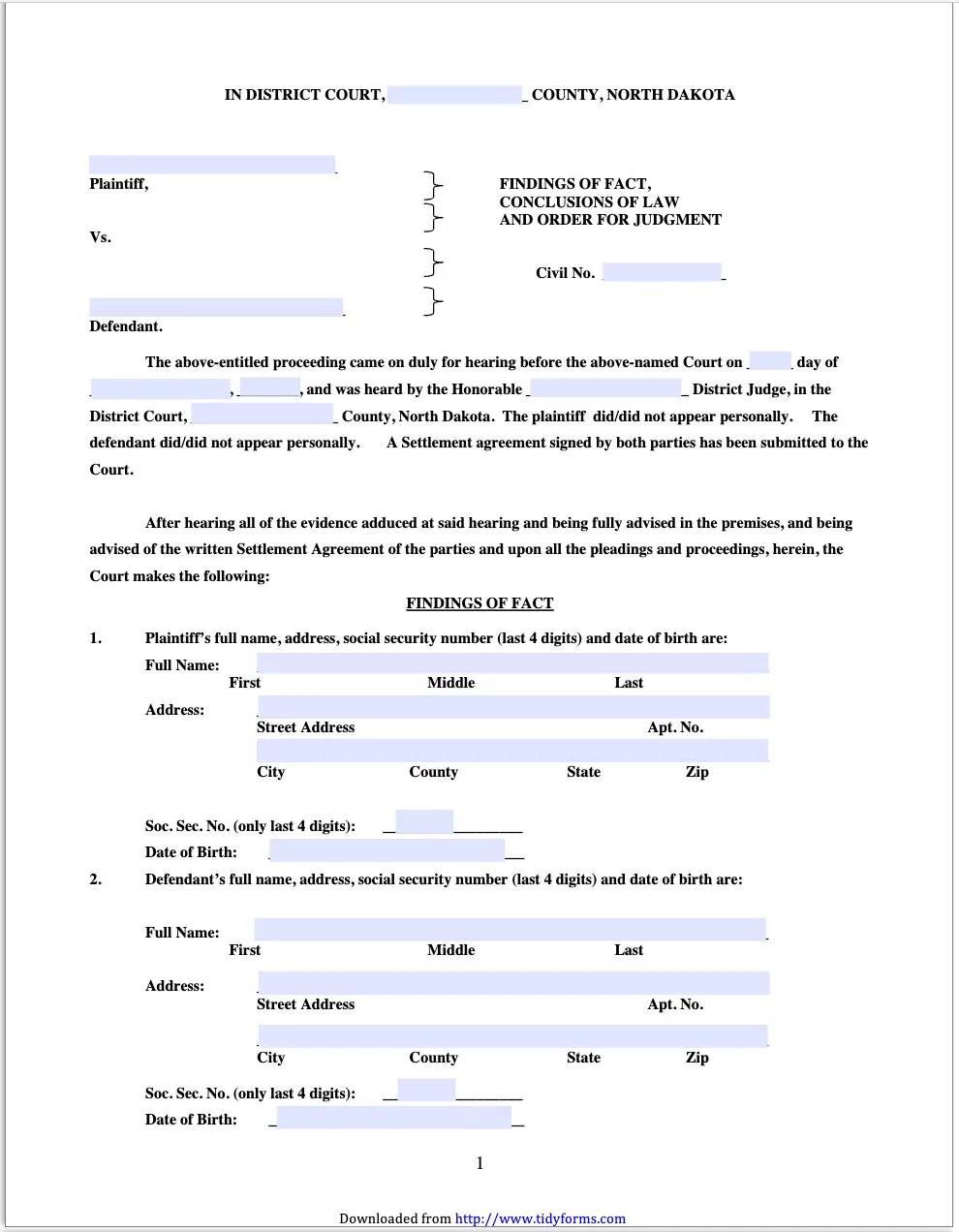 North Dakota Findings Of Fact Conclusions Of Law And Order For Judgment Form