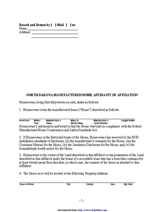 North Dakota Manufactured Home Affidavit Of Affixation Form