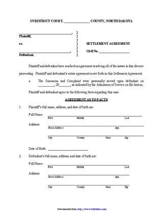 North Dakota Settlement Agreement Form