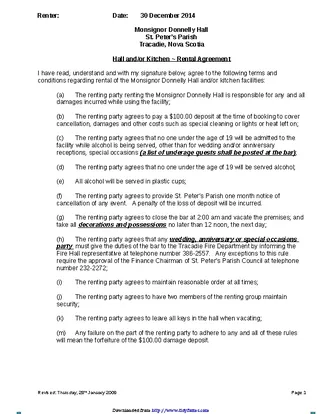 Nova Scotia Hall And Or Kitchen Rental Agreement Form