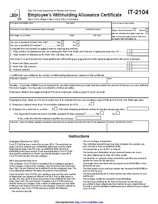 Forms Ny It 2104 Employees Withholding Allowance Form
