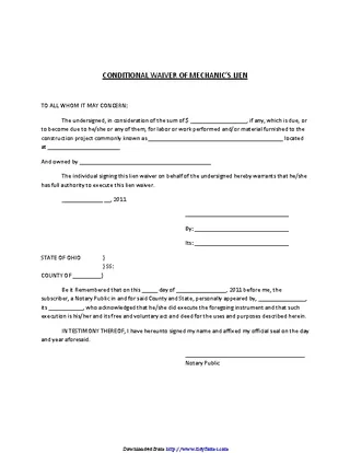 Forms Ohio Conditional Waiver Of Mechanic Lien