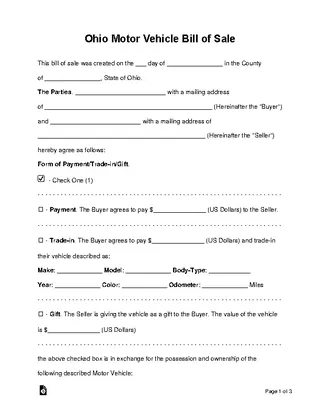 Forms Ohio Motor Vehicle Bill Of Sale Template
