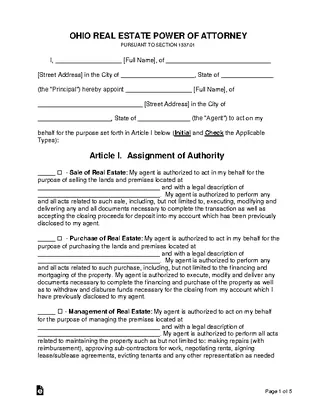 Ohio Real Estate Power Of Attorney Form
