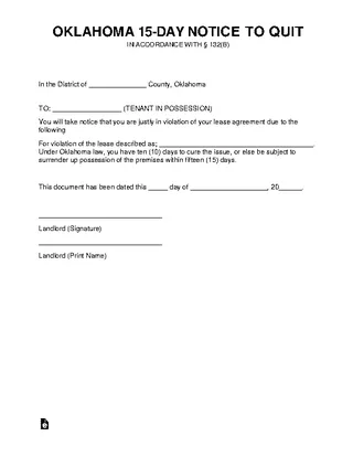 Forms Oklahoma 15 Day Notice To Quit Form Noncompliance